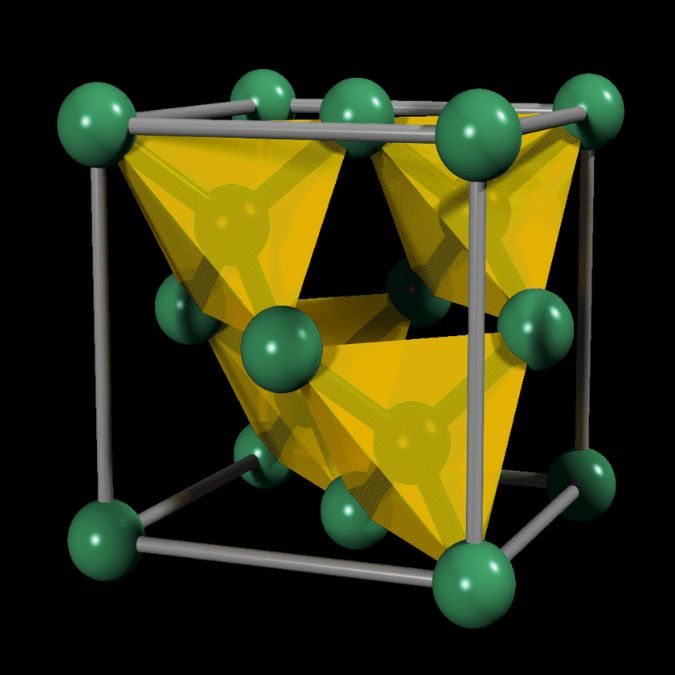 Diamond cubic molecular structure showing tetrahedra nested in a cube