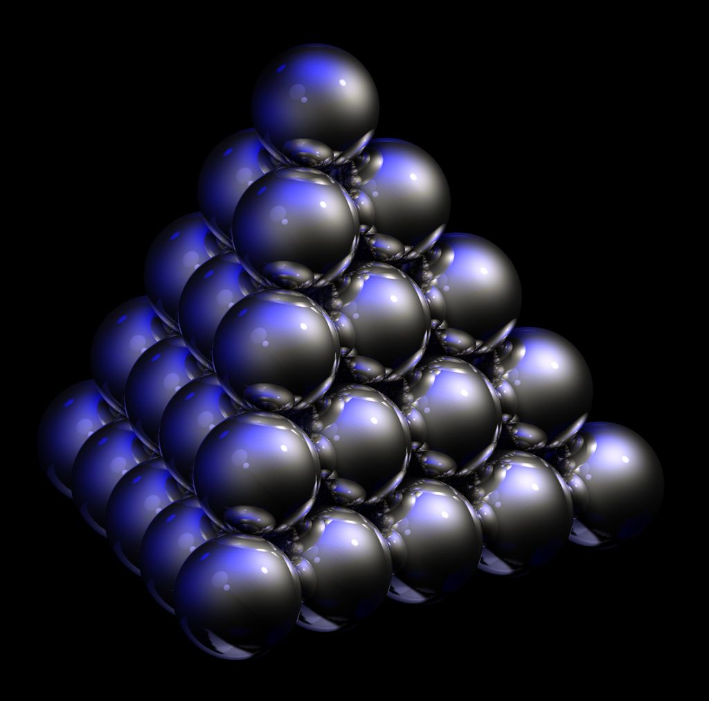 Close-packed spheres in a pyramid — the cannonball arrangement showing face-centred cubic packing