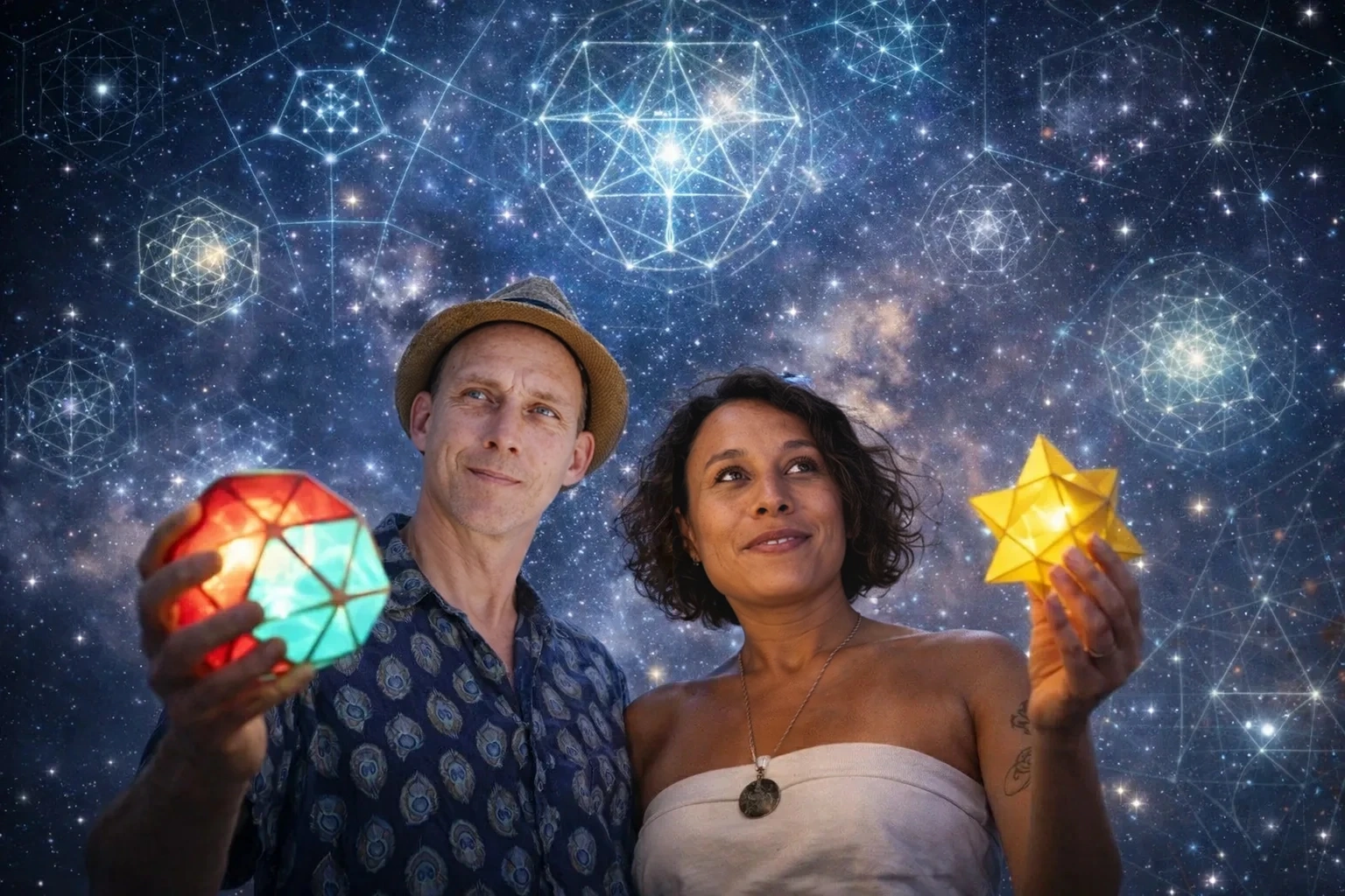 Colin Power and Heike Bielek — In2Infinity founders holding sacred geometry