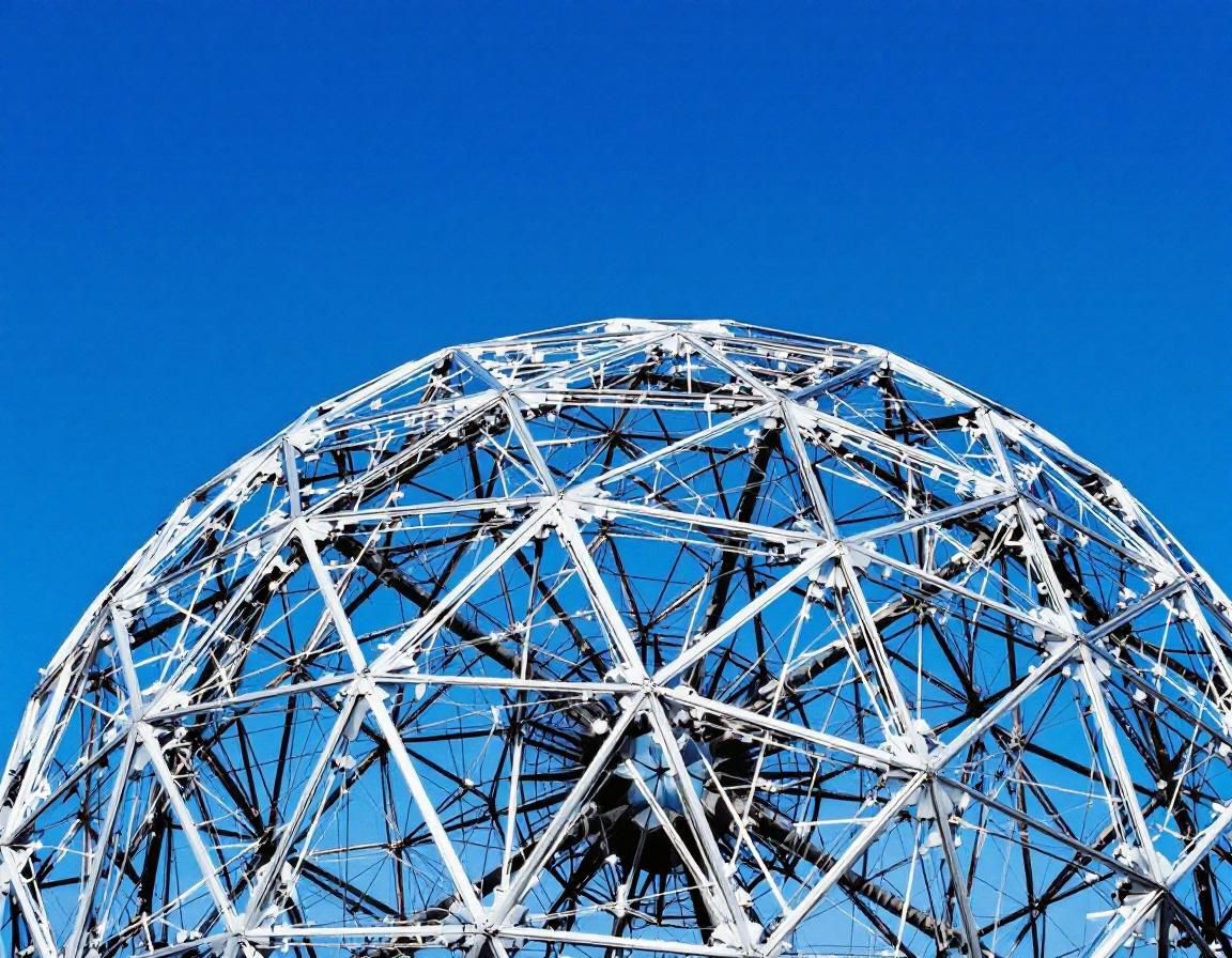 Geodesic dome showing triangulated lattice structure against blue sky