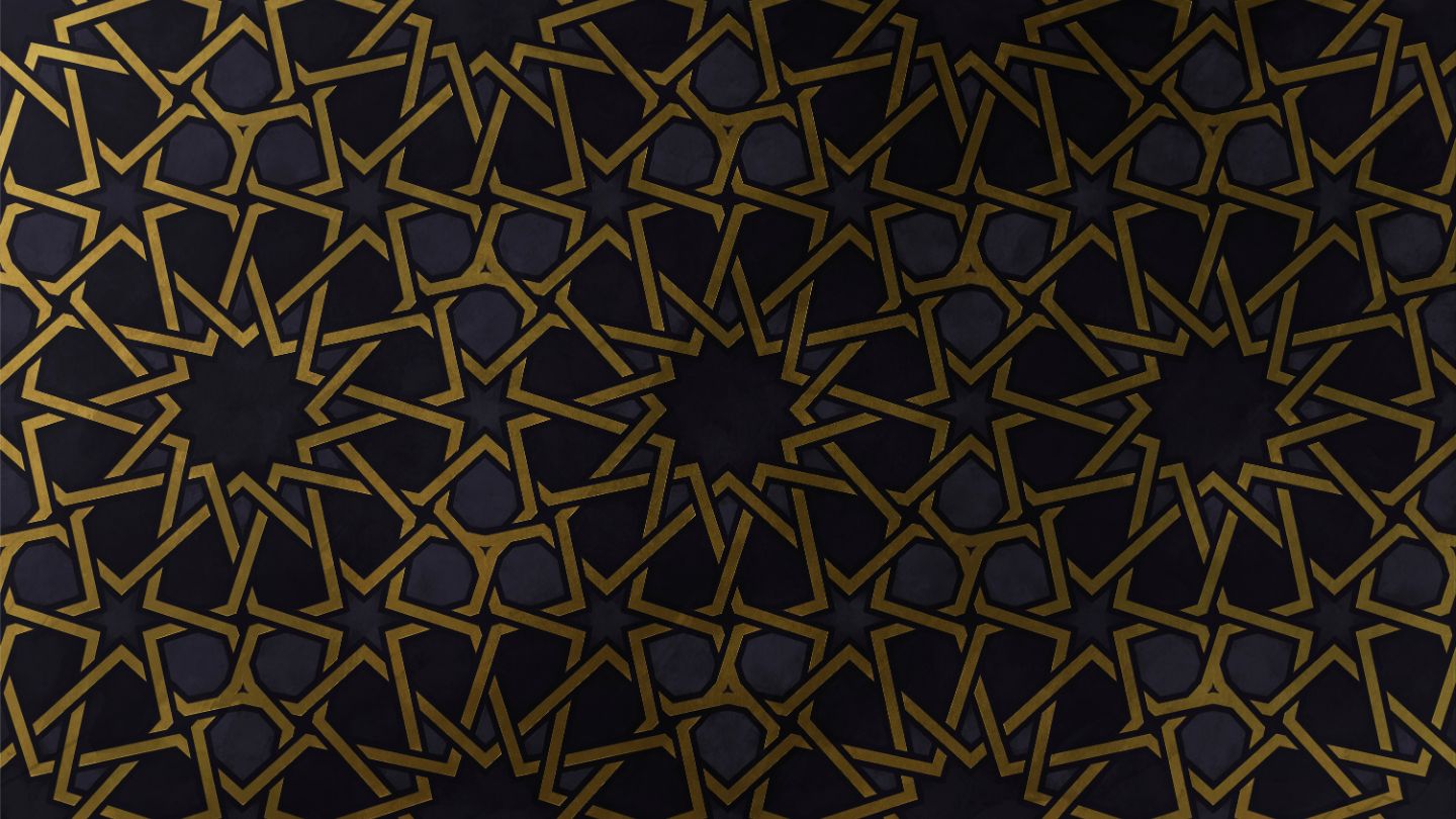 Islamic geometric star pattern — interlocking polygons in gold on dark background