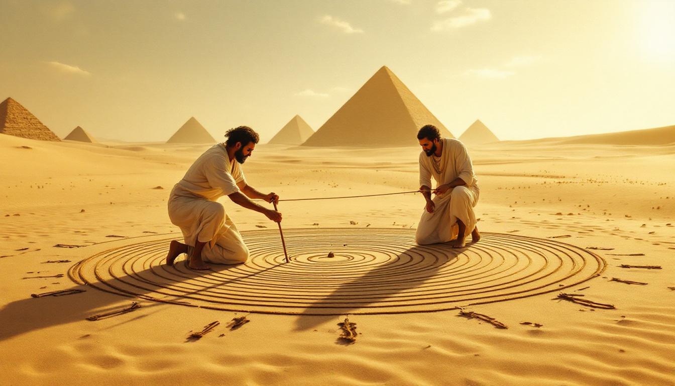 Egyptian rope-stretchers tracing circles in the desert sand with pyramids in the background