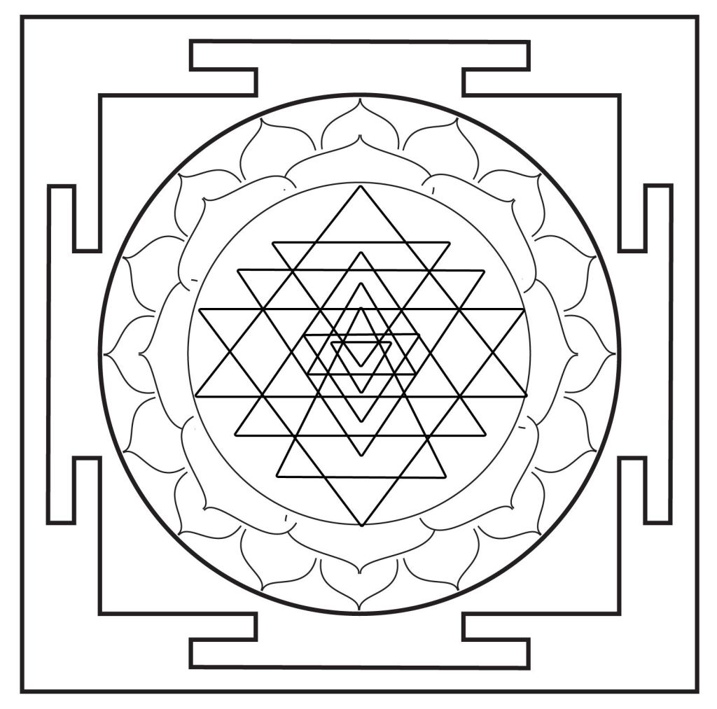 The Sri Yantra — nine interlocking triangles forming 43 smaller triangles around a central bindu