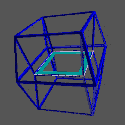 A 4D hypercube passing through a 3D hyperplane face-on