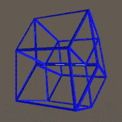 A 4D hypercube passing through a 3D hyperplane side-on
