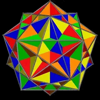 Animation showing five cubes nested inside a dodecahedron in distinct orientations, with pentagrams visible on each face