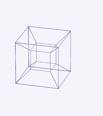 Animation of a 4D hypercube net unfolding and refolding — eight cubes arranged in a cross shape collapsing into a tesseract