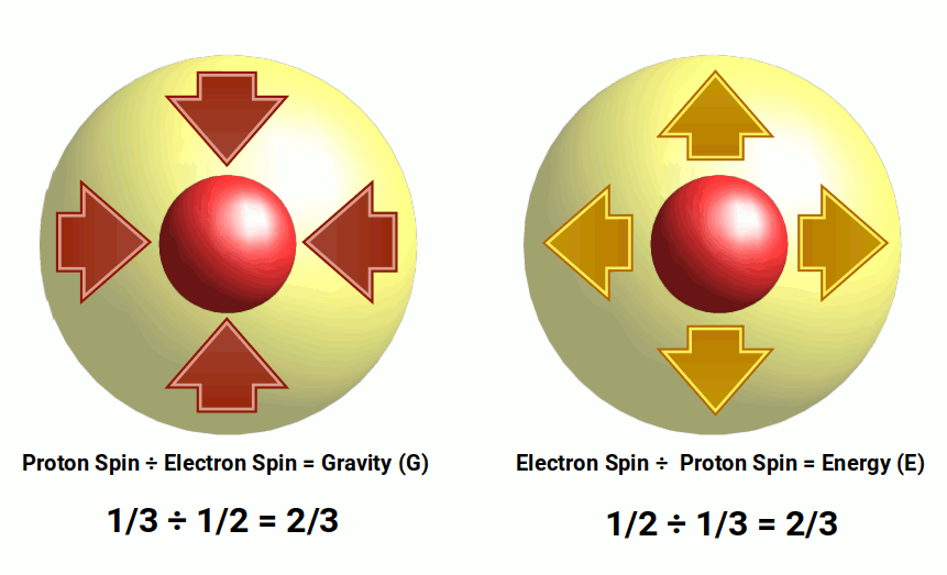 Diagram showing how the spin ratio of the proton and electron generates both gravity and electromagnetic energy