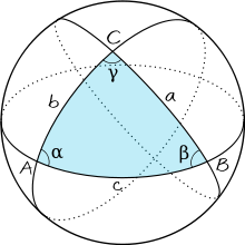 A spherical triangle on the surface of a sphere
