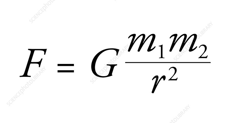 Newton's law of universal gravitation expressed geometrically, with the distance term r² equal to √2 and the gravitational constant appearing in its square root form
