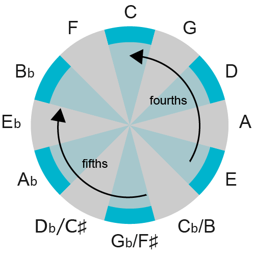 Circle diagram showing the circle of fourths (anticlockwise) and circle of fifths (clockwise) sharing the same 12 positions