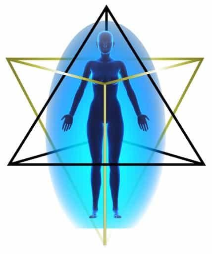 The Merkaba — star tetrahedron around a human figure, showing the two interlocking tetrahedra forming a vehicle of light