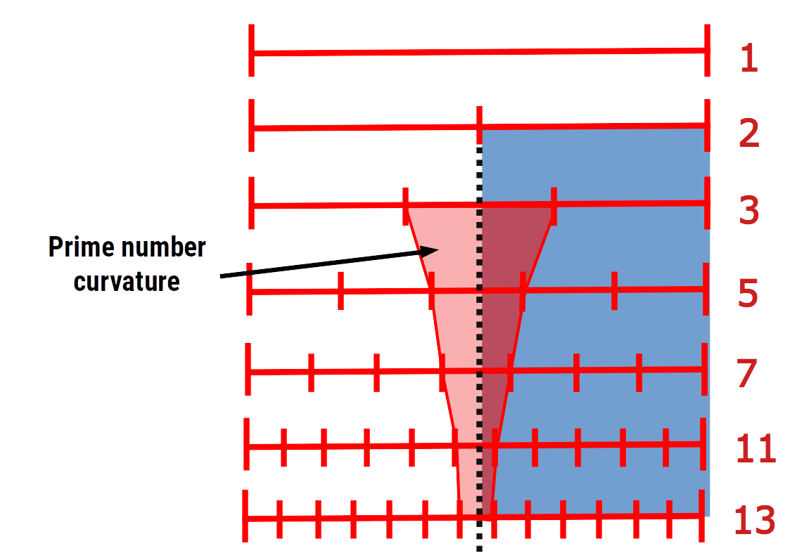 Prime number curvature formed by connecting the midsections of each prime's reciprocal division