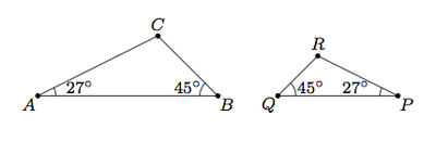 Two similar triangles with labelled corresponding sides