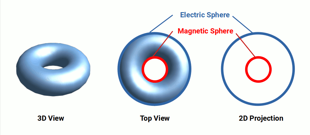 The torus shown in 3D view, top view, and 2D projection — revealing the electric sphere (outer) and magnetic sphere (inner)